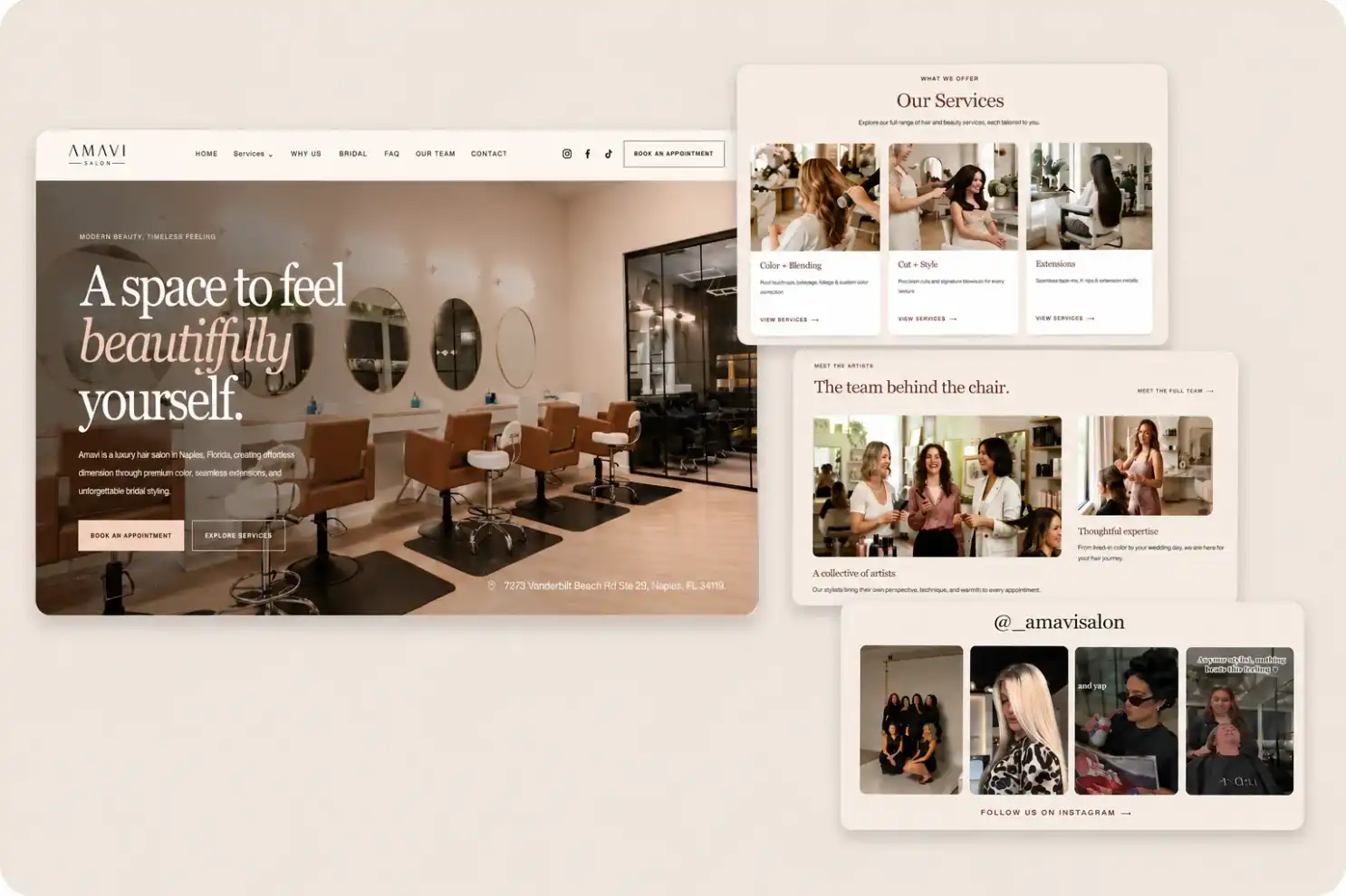 Amavi Salon website showcase, a custom-built luxury hair salon website